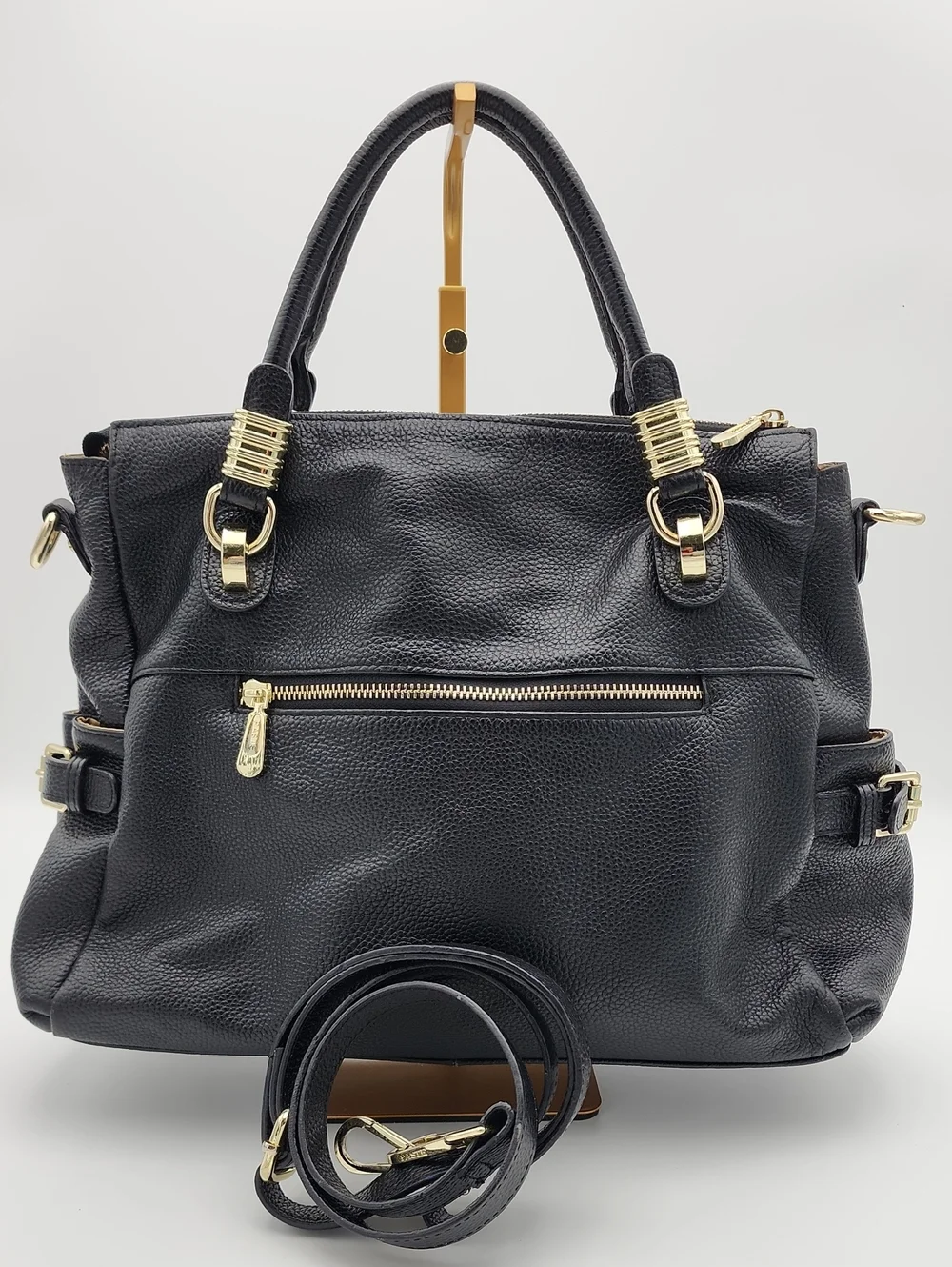 Paste Black Leather Structured Tote Bag with Gold Hardware